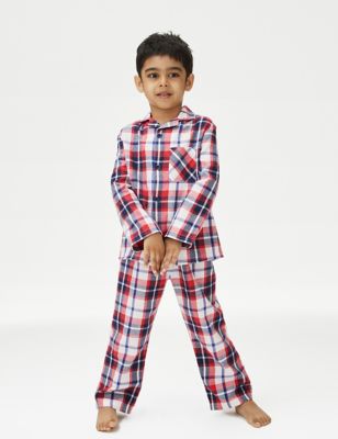 M&S Boys Pure Cotton Checked Pyjamas (1-8 Yrs) - 5-6 Y - Red Mix, Red Mix
