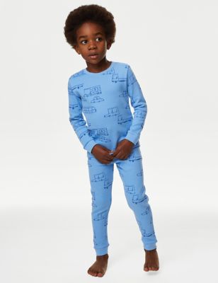 M&S Boy's Pure Cotton Waffle Transport Print Pyjamas (1-8 Yrs) - 2-3 Y - Blue, Blue