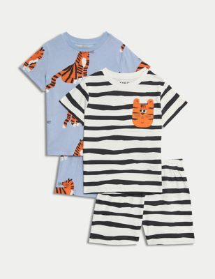 M&S Boy's 2pk Pure Cotton Tiger Print Pyjamas (1-8 Yrs) - 1-1+Y - Blue Mix, Blue Mix