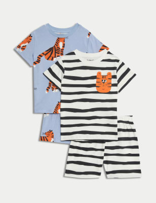 M&S Boys 2pk Pure Cotton Tiger Print Pyjamas (1-8 Yrs) - 1-1+Y - Blue Mix, Blue Mix