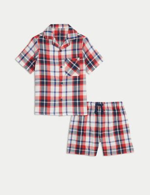 M&S Boys Pure Cotton Checked Pyjamas (1-8 Yrs) - 1-1+Y - Red Mix, Red Mix