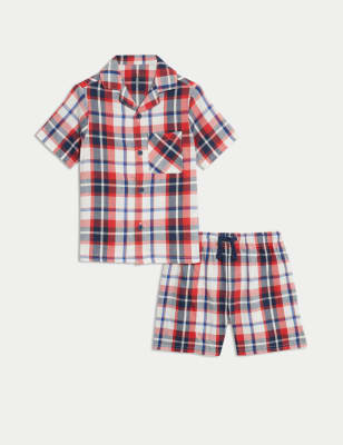 M&S Boys Pure Cotton Checked Pyjamas (1-8 Yrs) - 5-6 Y - Red Mix, Red Mix