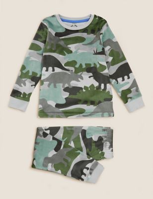M&S Boys Velour Camouflage Dinosaur Pyjamas (12 Mths