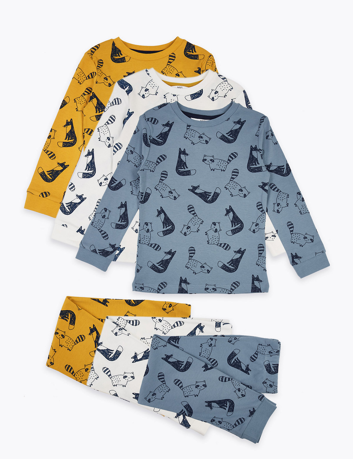 3 Pack Cotton Fox & Racoon Pyjama Sets (1-7 Yrs)