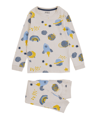 

M&S Collection Schlafanzug mit hohem Baumwollanteil und Weltallmuster (1-7 J.) - Cream Mix, Cream Mix