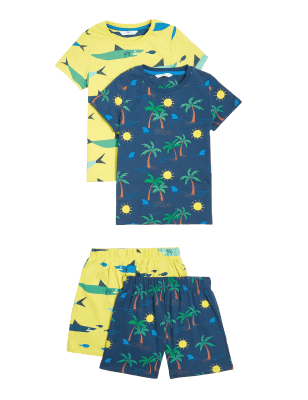

M&S Collection 2er-Pack Schlafanzugsets aus reiner Baumwolle mit Haifischmuster (12 M. - 7 J.) - Yellow Mix, Yellow Mix
