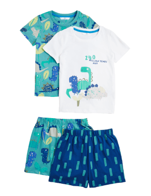 

M&S Collection Pack de 2 pijamas cortos 100% algodón de dinosaurios (1-7 años) - Green Mix, Green Mix