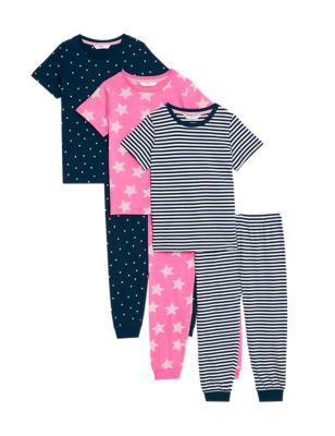 M&S Girls 3pk Pure Cotton Patterned Pyjama Sets (1-8 Yrs) - 1-1+Y - Multi, Multi