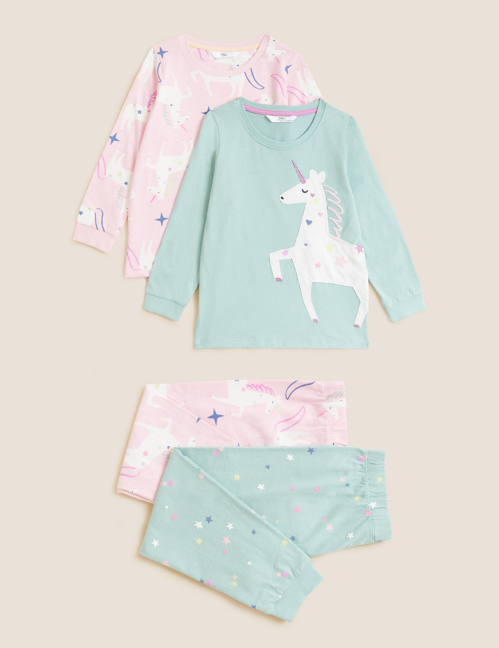 Pack de 2 pijamas 100% algodón de unicornios (1-7&nbsp;años)