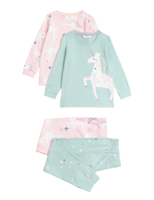 

M&S Collection 2er-Pack Schlafanzugsets aus reiner Baumwolle mit Einhornmuster (1-7 Jahre) - Green Mix, Green Mix