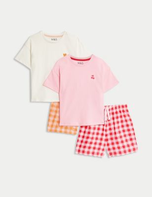M&S Girls 2pk Cotton Rich Gingham Pyjama Sets (1-8 Yrs) - 1-2Y - Pink Mix, Pink Mix