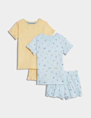 M&S Girls 2pk Pure Cotton Frill Pyjama Sets (1-8 Years) - 7-8 Y - Yellow Mix, Yellow Mix