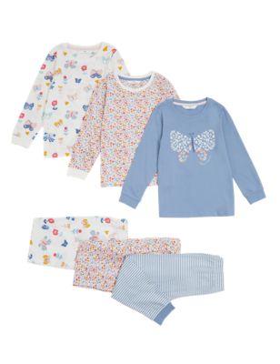

M&S Collection 3er-Pack Schlafanzugsets aus reiner Baumwolle mit Schmetterlingsmotiv (1-7 J.) - Blue Mix, Blue Mix