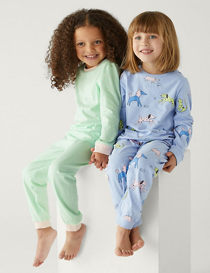 2pk Pure Cotton Dog & Stripes Pyjama Sets