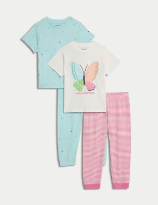 M&S Girls 2pk Pure Cotton Butterfly Pyjamas (1-8 Yrs) - 3-4 Y - Pink, Pink