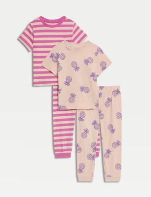 M&S Girls 2pk Pure Cotton Printed Pyjama Sets (1-8 Yrs) - 6-7 Y - Pink Mix, Pink Mix