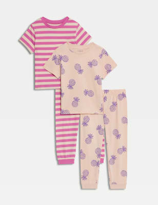 M&S Girl's 2pk Pure Cotton Printed Pyjama Sets (1-8 Yrs) - 6-7 Y - Pink Mix, Pink Mix