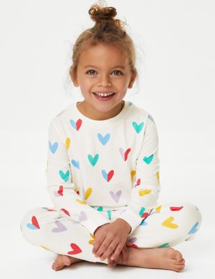 M&S Girls Pure Cotton Heart Print Pyjamas (1-8 Yrs) - 6-7 Y - Ivory, Ivory