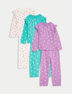 M&S Girls 3pk Pure Cotton Floral Pyjamas (1-8 Yrs) - 1-1+Y - Purple, Purple