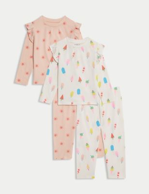 M&S Girl's 2pk Pure Cotton Lolly & Sun Pyjama Sets (1-8 Yrs) - 3-4 Y - Ecru Mix, Ecru Mix