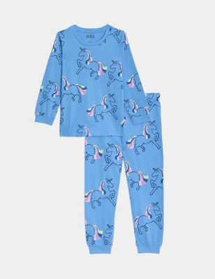 M&S Girls Pure Cotton Unicorn Pyjamas (12 Months - 8 Years) - 2-3 Y - Blue, Blue