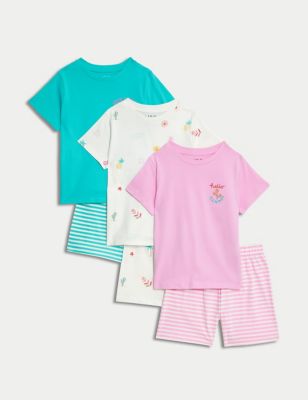 M&S Girls 3pk Pure Cotton Patterned Pyjama Sets (1-8 Yrs) - 1-1+Y - Pink Mix, Pink Mix