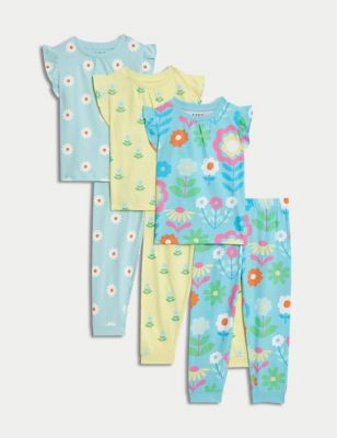 M&S Girl's 3pk Pure Cotton Floral Pyjama Sets (1-8 Yrs) - 6-7 Y - Blue Mix, Blue Mix