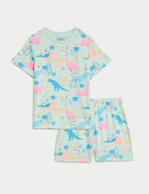 M&S Girls Pure Cotton Dinosaur Pyjamas (1-8 Yrs) - 2-3 Y - Light Aqua, Light Aqua