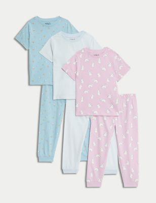 M&S Girls 3pk Pure Cotton Patterned Pyjama Sets (1-8 Yrs) - 4-5 Y - Pink Mix, Pink Mix