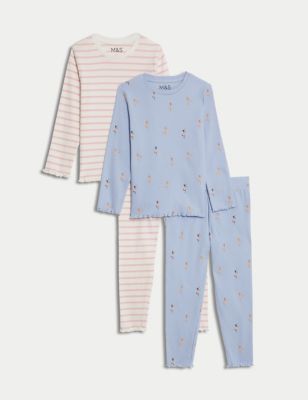 M&S Girl's 2pk Cotton Rich Pyjama Sets (1-8 Yrs) - 5-6 Y - Blue Mix, Blue Mix