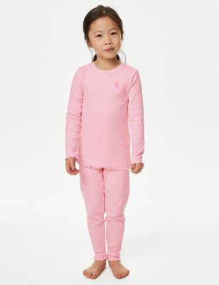 M&S Girls Cotton Rich Heart Rib Pyjamas (1-8 Yrs) - 5-6 Y - Pink, Pink