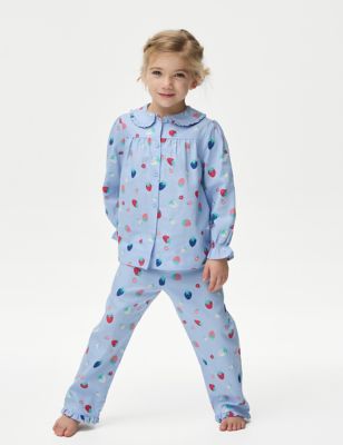M&S Girls Pure Cotton Strawberry Print Pyjamas (1-8 Yrs) - 3-4 Y - Blue, Blue
