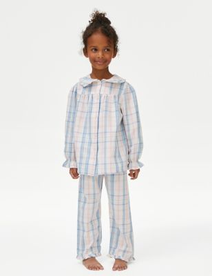 M&S Girls Pure Cotton Checked Pyjamas (1-8 Yrs) - 7-8 Y - Pink Mix, Pink Mix