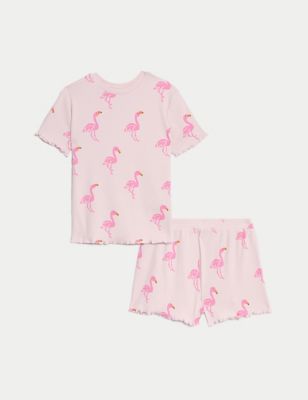 M&S Girls Cotton Rich Flamingo Rib Pyjamas (1-8 Yrs) - 1-1+Y - Pink Mix, Pink Mix