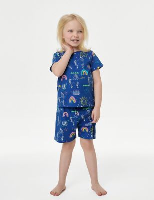 M&S Girl's Pure Cotton Glow in the Dark Heart Pyjamas (1-8 Yrs) - 1-1+Y - Blue, Blue