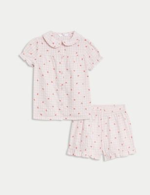 M&S Girl's Pure Cotton Strawberry Checked Pyjamas (1-8 Yrs) - 3-4 Y - Pink Mix, Pink Mix