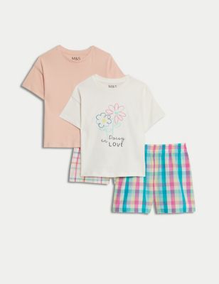M&S Girls 2pk Pure Cotton Check Pyjama Sets (1-8 Yrs) - 1-2Y - Ivory, Ivory