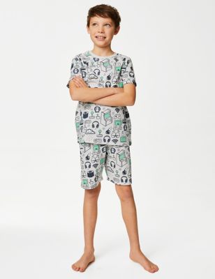 M&S Boys Cotton Rich Gaming Pyjamas (7-14 Yrs) - 7-8 Y - Grey Marl, Grey Marl