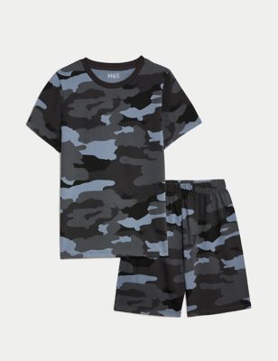 M&S Girls Pure Cotton Camouflage Pyjamas (7-14 Yrs) - 8-9 Y - Carbon, Carbon