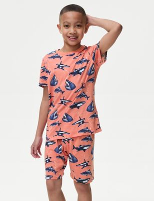M&S Boys Pure Cotton Shark Print Pyjamas (7-14 Yrs) - 8-9 Y - Pink Mix, Pink Mix