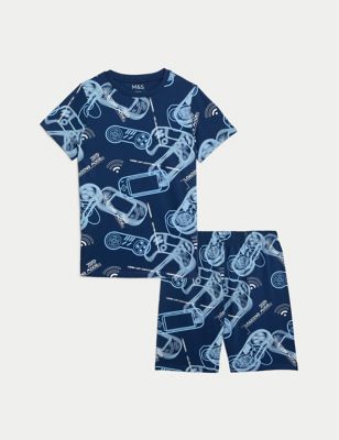 M&S Boy's Pure Cotton Gaming Print Pyjamas (7-14 Yrs) - 8-9 Y - Blue Mix, Blue Mix