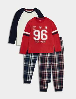 M&S 2pk Pure Cotton Varsity Pyjama Sets (6-16 Yrs) - 11-12 - Red Mix, Red Mix