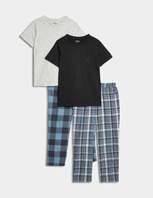 M&S Boys 2pk Cotton Rich Checked Pyjama Sets (6-16 Yrs) - 9-10Y - Black Mix, Black Mix