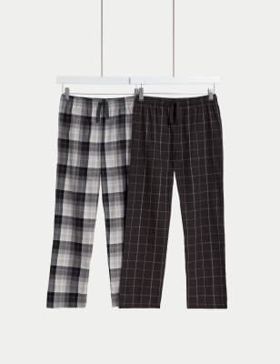 M&S Boys 2pk Pure Cotton Checked Pyjama Bottoms (6-16 Yrs) - 7-8 Y - Black Mix, Black Mix