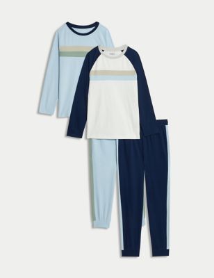 M&S Boys 2pk Cotton Rich Stripe Pyjama Sets (6-16 Yrs) - 11-12 - Blue Mix, Blue Mix