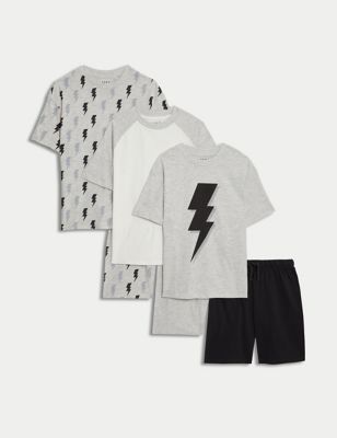 M&S Boys 3pk Cotton Rich Lightning Pyjama Sets (6-16 Yrs) - 9-10Y - Grey Mix, Grey Mix