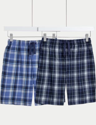 M&S Boys 2pk Pure Cotton Checked Shorts (6-16 Yrs) - 7-8 Y - Blue Mix, Blue Mix