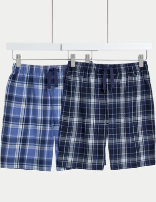M&S Boys 2pk Pure Cotton Checked Shorts (6-16 Yrs) - 7-8 Y - Blue Mix, Blue Mix