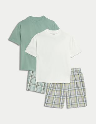 M&S Boy's 2pk Pure Cotton Checked Pyjama Sets (6-16 Yrs) - 11-12 - Green Mix, Green Mix