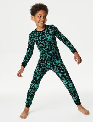 M&S Cotton Rich Gaming Print Pyjamas (7-14 Yrs) - 7-8 Y - Green Mix, Green Mix
